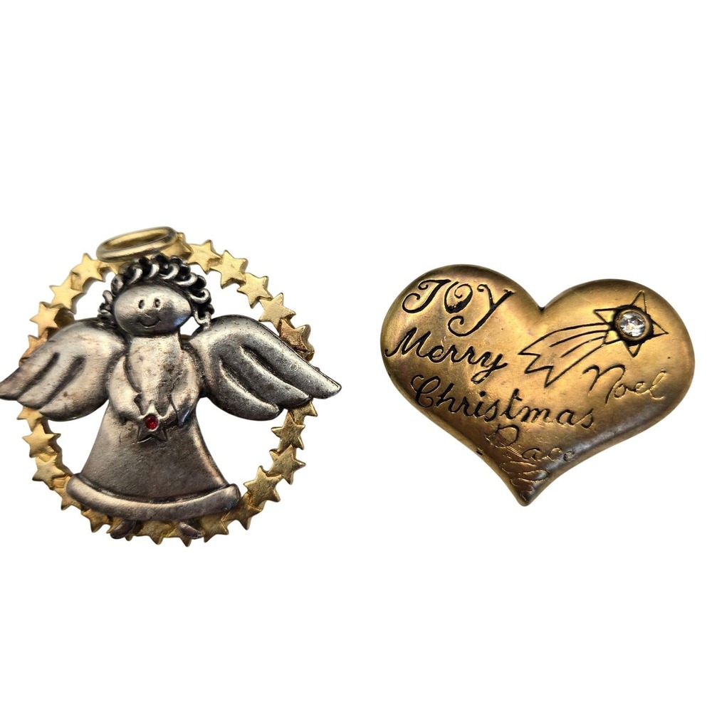 Set of 2 Vtg Brooches Angel Merry Christmas‎ Heart Holiday Festive Signed Pins